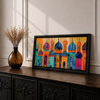 A panoramic painting of colorful Moroccan architecture featuring a row of ornate domes and arches with intricate geometric patterns, layered in a vibrant cityscape composition, rendered in bold textured brushstrokes that emphasize symmetry, cultural motifs, and rhythmic architectural repetition