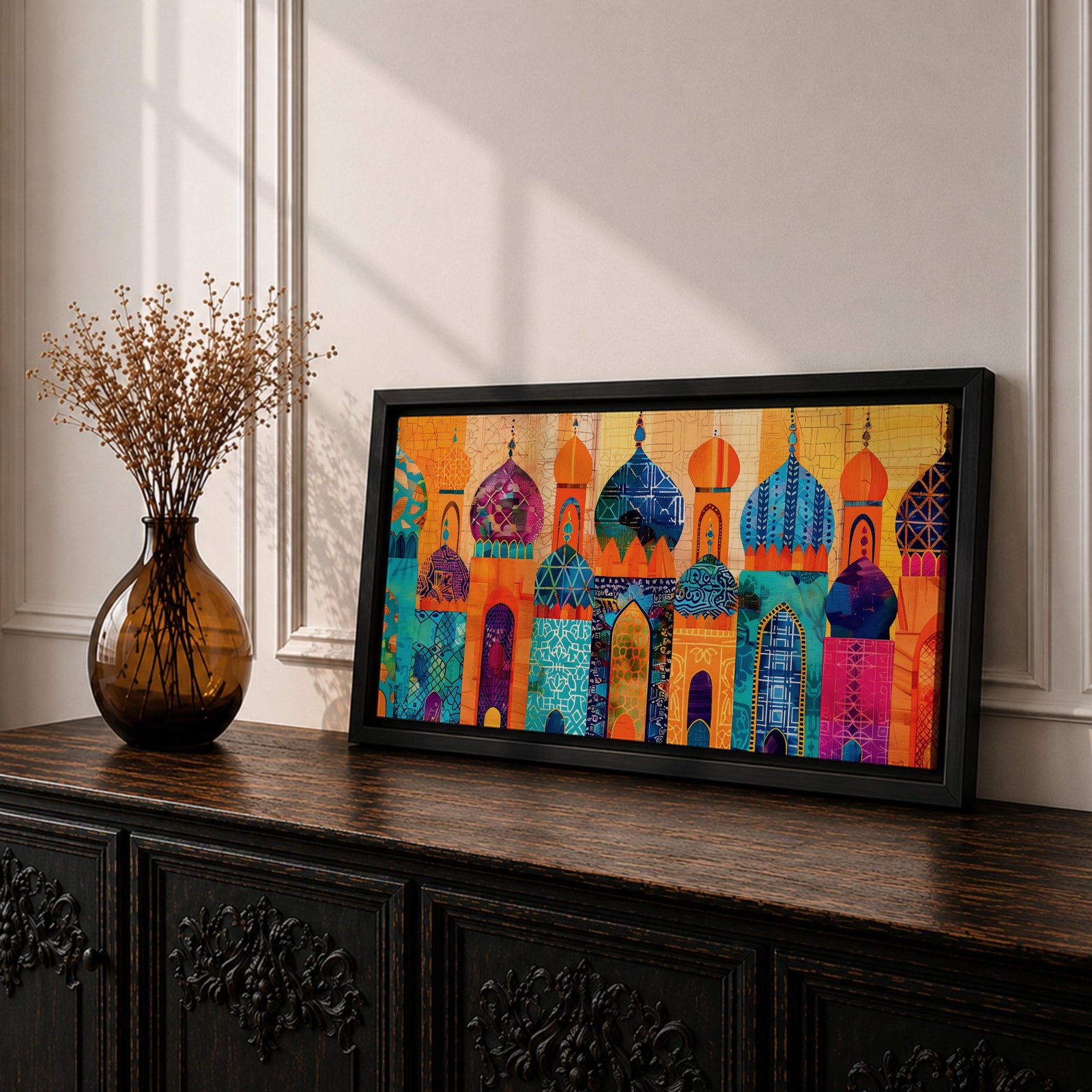 A panoramic painting of colorful Moroccan architecture featuring a row of ornate domes and arches with intricate geometric patterns, layered in a vibrant cityscape composition, rendered in bold textured brushstrokes that emphasize symmetry, cultural motifs, and rhythmic architectural repetition