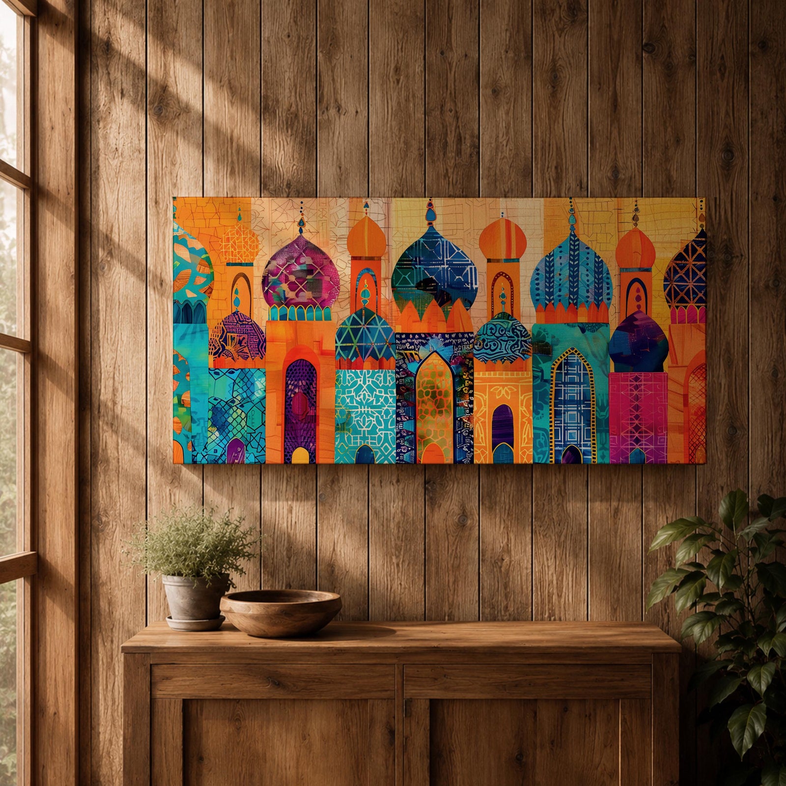 A panoramic painting of colorful Moroccan architecture featuring a row of ornate domes and arches with intricate geometric patterns, layered in a vibrant cityscape composition, rendered in bold textured brushstrokes that emphasize symmetry, cultural motifs, and rhythmic architectural repetition