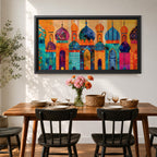 A panoramic painting of colorful Moroccan architecture featuring a row of ornate domes and arches with intricate geometric patterns, layered in a vibrant cityscape composition, rendered in bold textured brushstrokes that emphasize symmetry, cultural motifs, and rhythmic architectural repetition