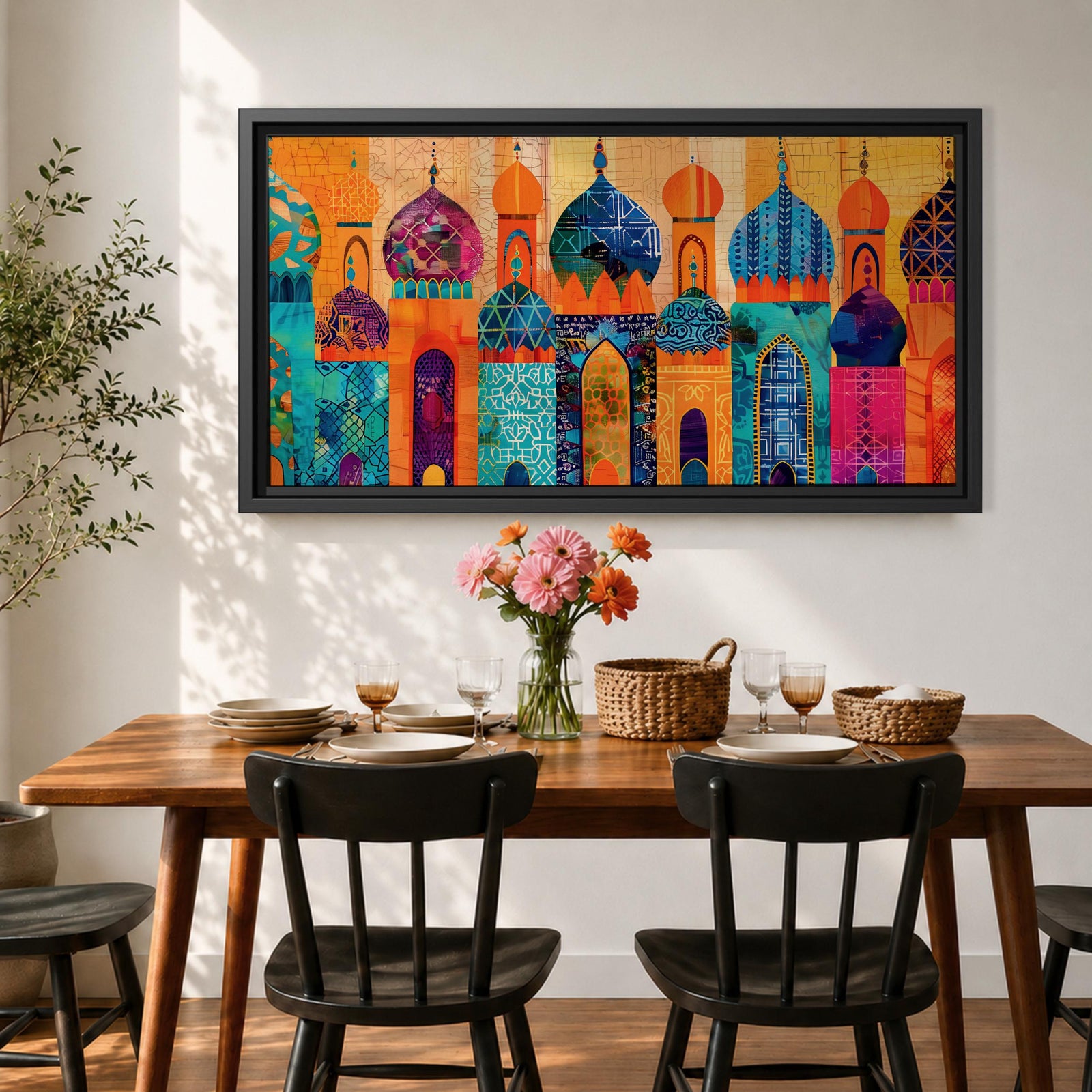 A panoramic painting of colorful Moroccan architecture featuring a row of ornate domes and arches with intricate geometric patterns, layered in a vibrant cityscape composition, rendered in bold textured brushstrokes that emphasize symmetry, cultural motifs, and rhythmic architectural repetition