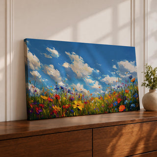 A panoramic painting of a colorful wildflower meadow under a bright blue sky with soft clouds, creating a vibrant and uplifting landscape scene.