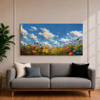 A panoramic painting of a colorful wildflower meadow under a bright blue sky with soft clouds, creating a vibrant and uplifting landscape scene.