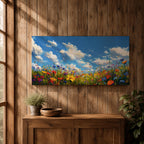 A panoramic painting of a colorful wildflower meadow under a bright blue sky with soft clouds, creating a vibrant and uplifting landscape scene.
