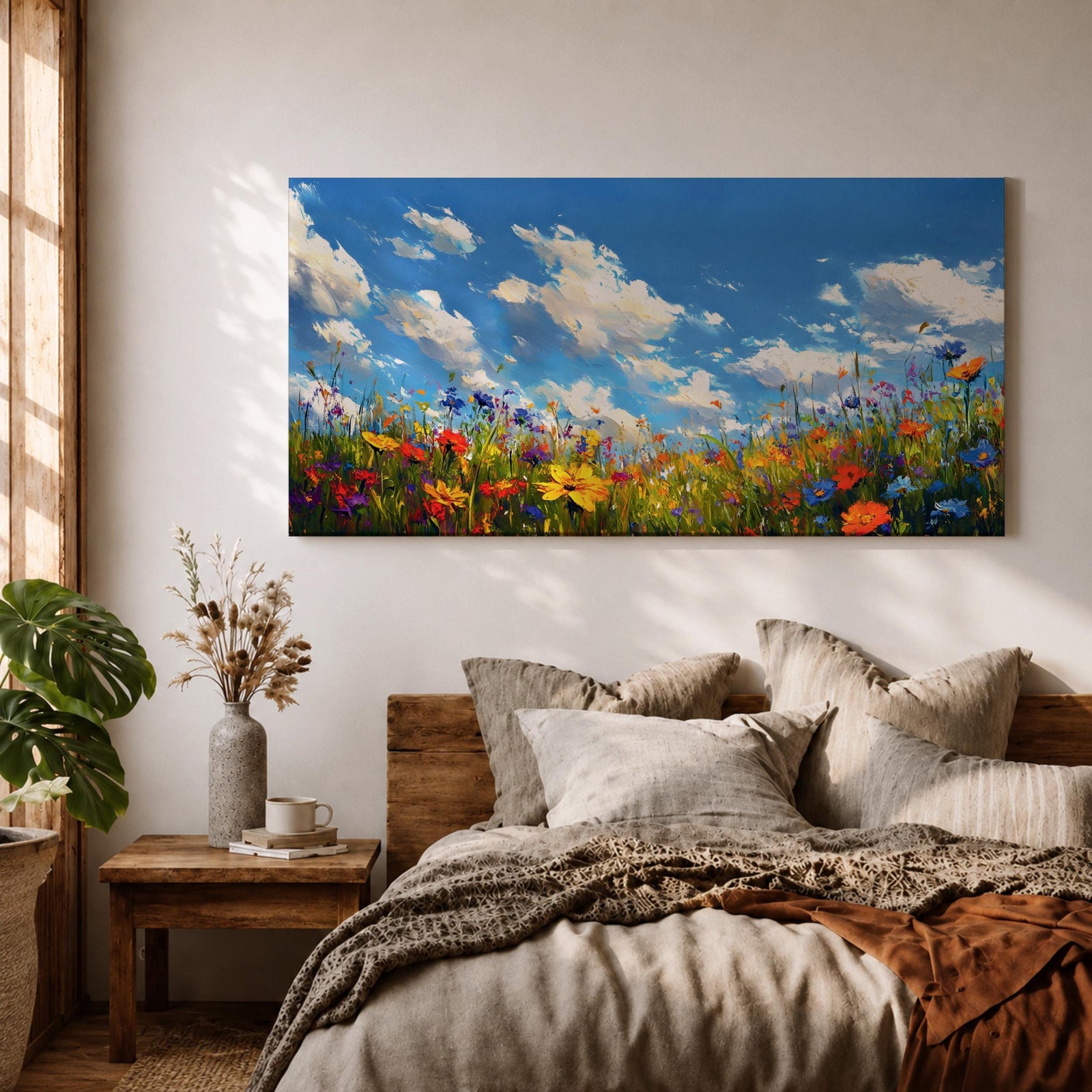 A panoramic painting of a colorful wildflower meadow under a bright blue sky with soft clouds, creating a vibrant and uplifting landscape scene.