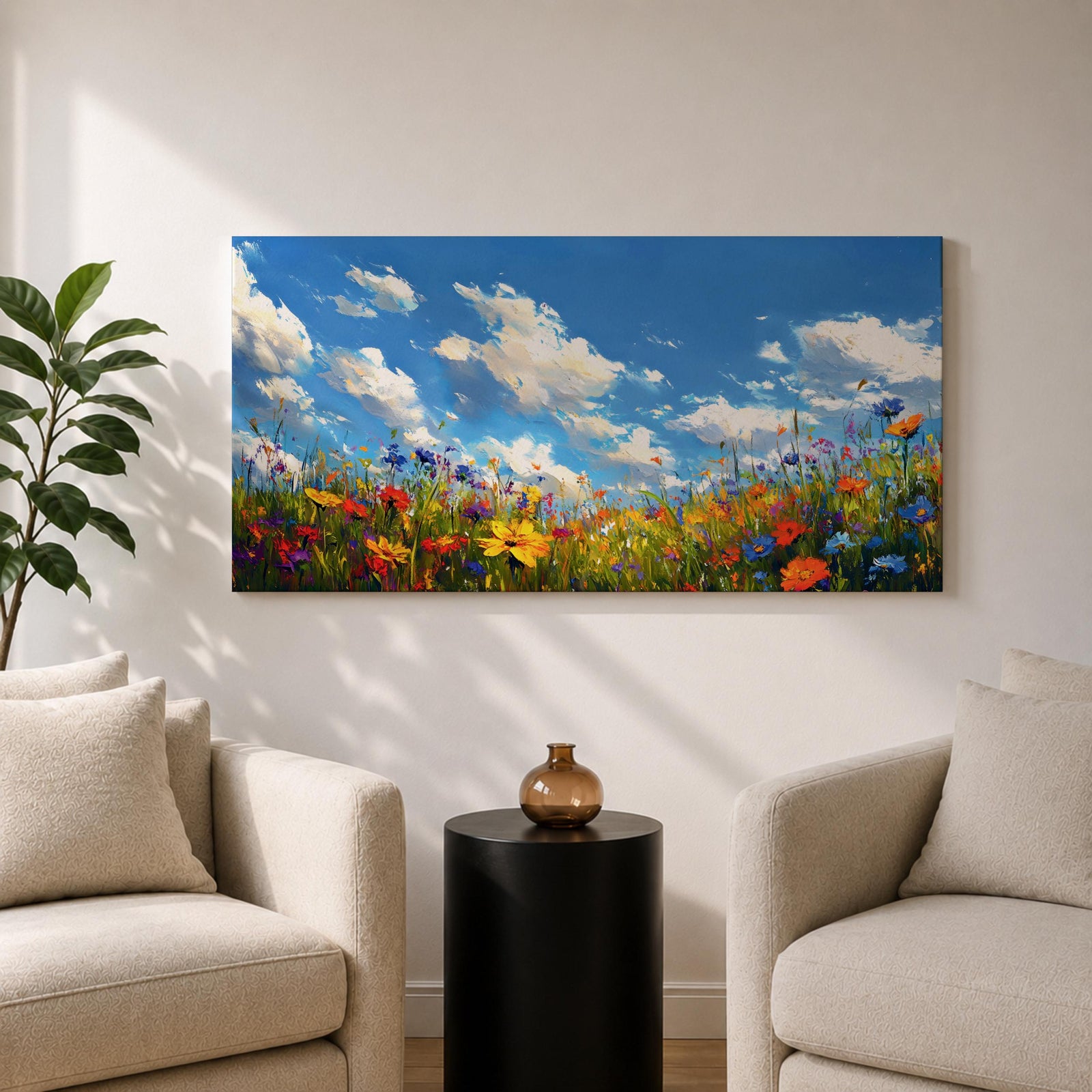 A panoramic painting of a colorful wildflower meadow under a bright blue sky with soft clouds, creating a vibrant and uplifting landscape scene.