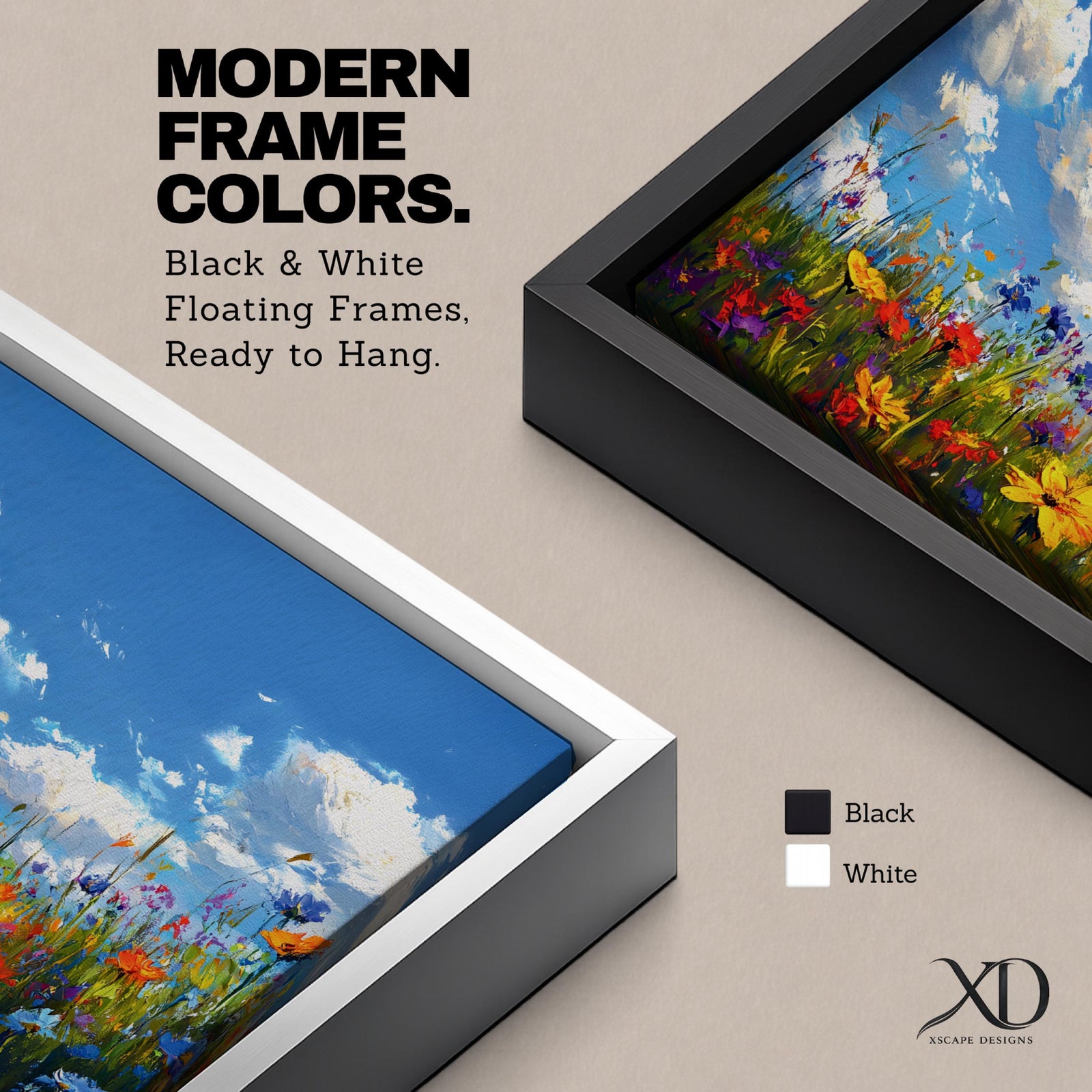 A panoramic painting of a colorful wildflower meadow under a bright blue sky with soft clouds, creating a vibrant and uplifting landscape scene.