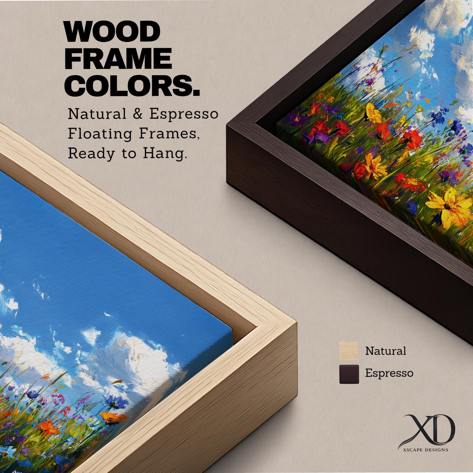 A panoramic painting of a colorful wildflower meadow under a bright blue sky with soft clouds, creating a vibrant and uplifting landscape scene.