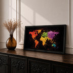 A panoramic typographic world map artwork displaying continents formed through layered text and subtle geographic outlines, rendered in a modern textured style with balanced spacing across an extra wide composition that combines clean cartographic structure with artistic surface depth and visual rhythm.