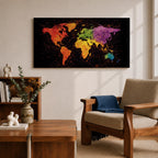 A panoramic typographic world map artwork displaying continents formed through layered text and subtle geographic outlines, rendered in a modern textured style with balanced spacing across an extra wide composition that combines clean cartographic structure with artistic surface depth and visual rhythm.
