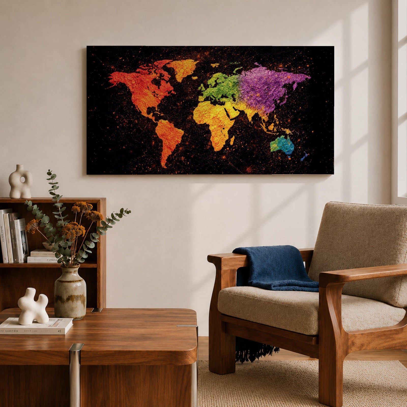 A panoramic typographic world map artwork displaying continents formed through layered text and subtle geographic outlines, rendered in a modern textured style with balanced spacing across an extra wide composition that combines clean cartographic structure with artistic surface depth and visual rhythm.