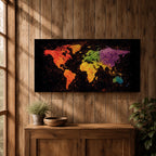 A panoramic typographic world map artwork displaying continents formed through layered text and subtle geographic outlines, rendered in a modern textured style with balanced spacing across an extra wide composition that combines clean cartographic structure with artistic surface depth and visual rhythm.
