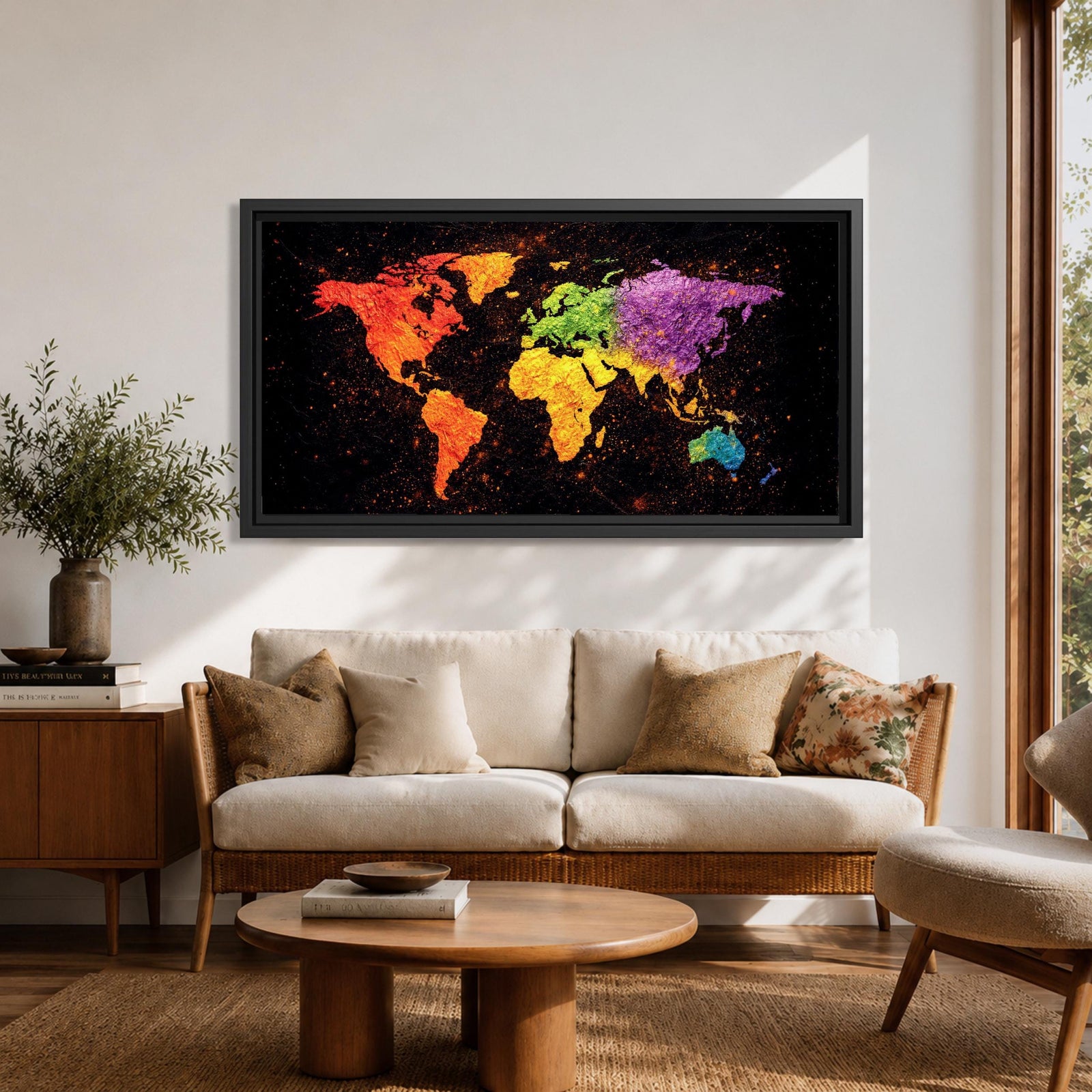 A panoramic typographic world map artwork displaying continents formed through layered text and subtle geographic outlines, rendered in a modern textured style with balanced spacing across an extra wide composition that combines clean cartographic structure with artistic surface depth and visual rhythm.