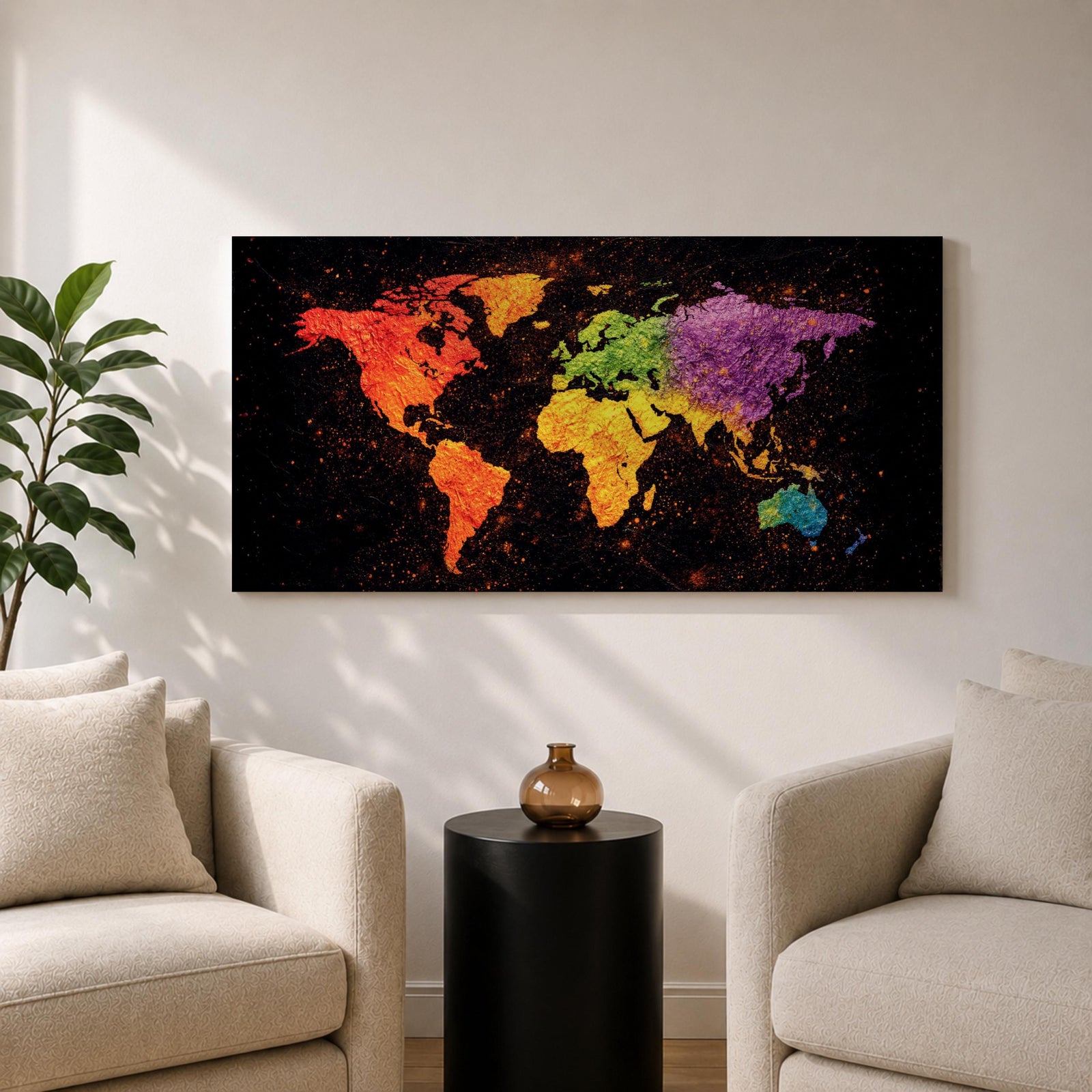 A panoramic typographic world map artwork displaying continents formed through layered text and subtle geographic outlines, rendered in a modern textured style with balanced spacing across an extra wide composition that combines clean cartographic structure with artistic surface depth and visual rhythm.