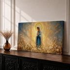 A glowing portrait of Virgin Mary stands in prayer within a wildflower meadow, surrounded by white blossoms and a radiant golden halo, painted in a textured style with luminous blue and gold tones, soft brushwork, and a serene devotional composition blending floral scenery with sacred light.