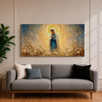 A glowing portrait of Virgin Mary stands in prayer within a wildflower meadow, surrounded by white blossoms and a radiant golden halo, painted in a textured style with luminous blue and gold tones, soft brushwork, and a serene devotional composition blending floral scenery with sacred light.
