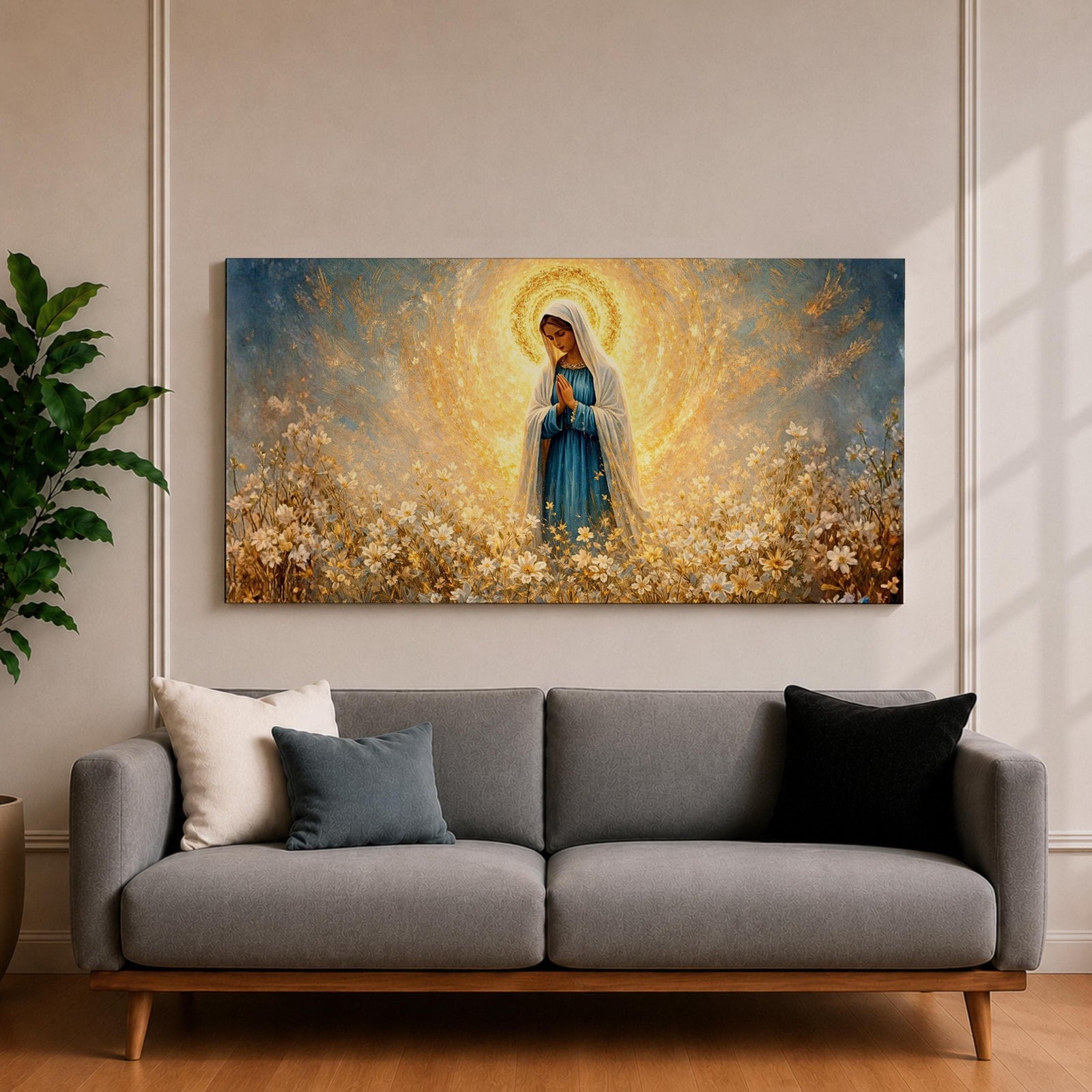 A glowing portrait of Virgin Mary stands in prayer within a wildflower meadow, surrounded by white blossoms and a radiant golden halo, painted in a textured style with luminous blue and gold tones, soft brushwork, and a serene devotional composition blending floral scenery with sacred light.