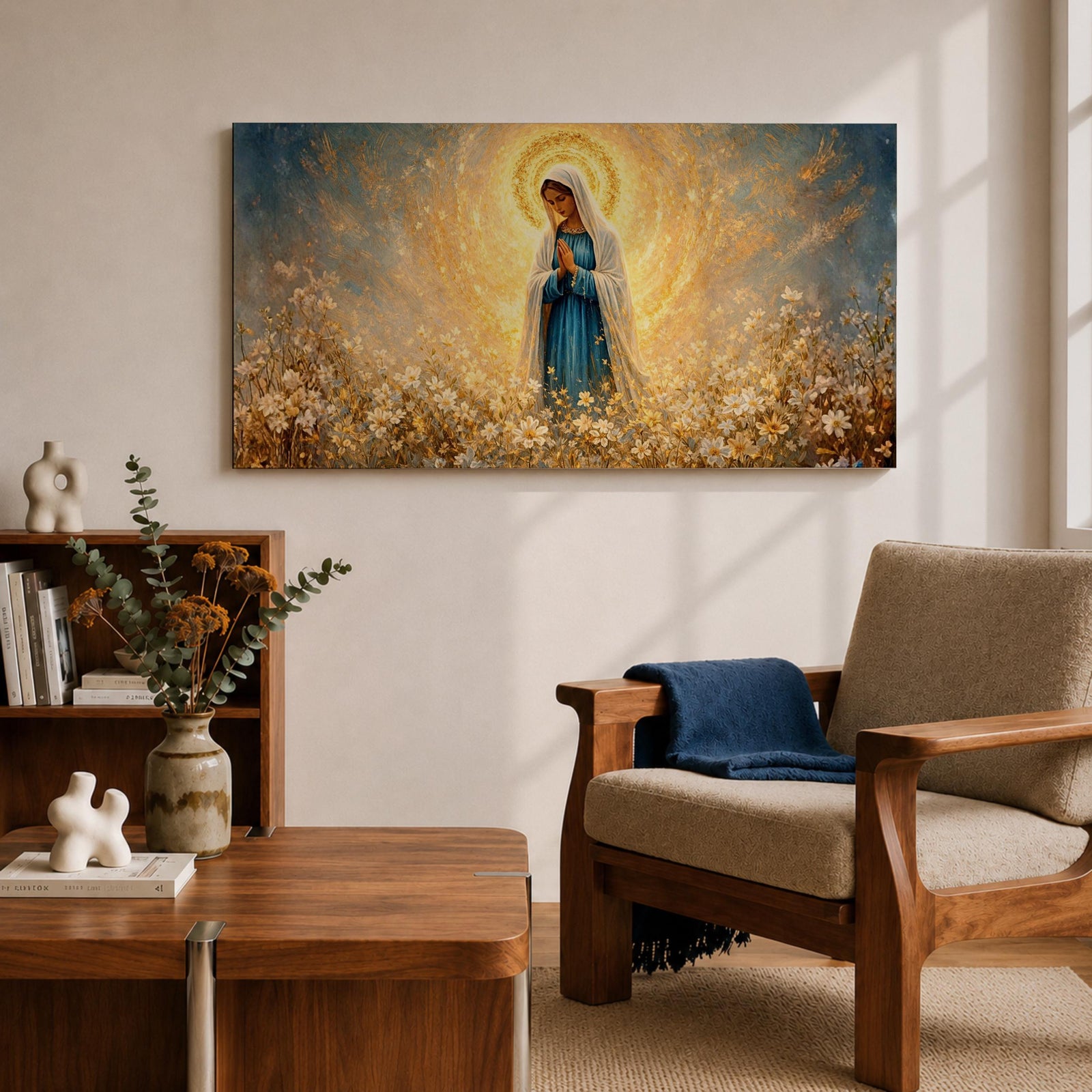 A glowing portrait of Virgin Mary stands in prayer within a wildflower meadow, surrounded by white blossoms and a radiant golden halo, painted in a textured style with luminous blue and gold tones, soft brushwork, and a serene devotional composition blending floral scenery with sacred light.