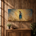 A glowing portrait of Virgin Mary stands in prayer within a wildflower meadow, surrounded by white blossoms and a radiant golden halo, painted in a textured style with luminous blue and gold tones, soft brushwork, and a serene devotional composition blending floral scenery with sacred light.