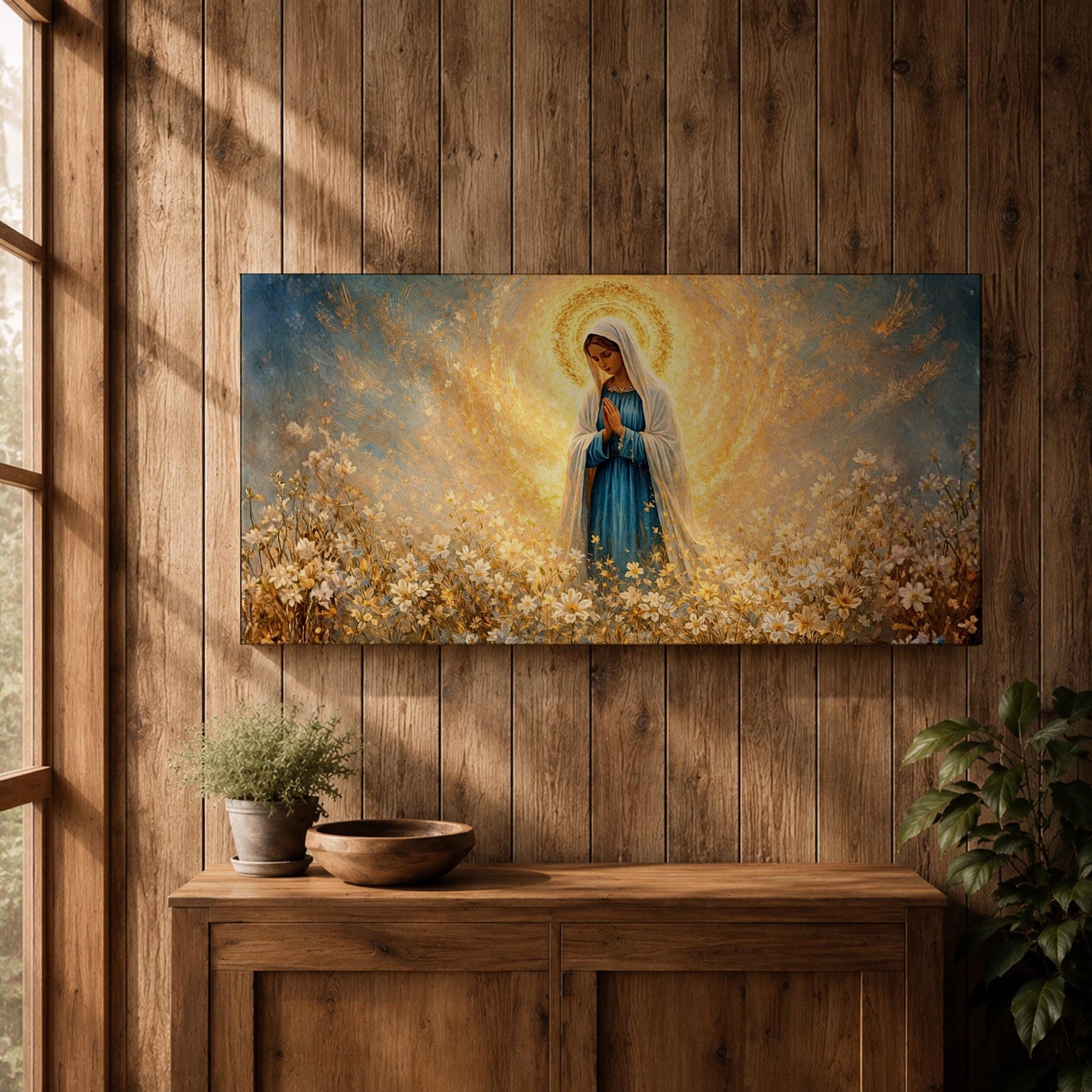 A glowing portrait of Virgin Mary stands in prayer within a wildflower meadow, surrounded by white blossoms and a radiant golden halo, painted in a textured style with luminous blue and gold tones, soft brushwork, and a serene devotional composition blending floral scenery with sacred light.