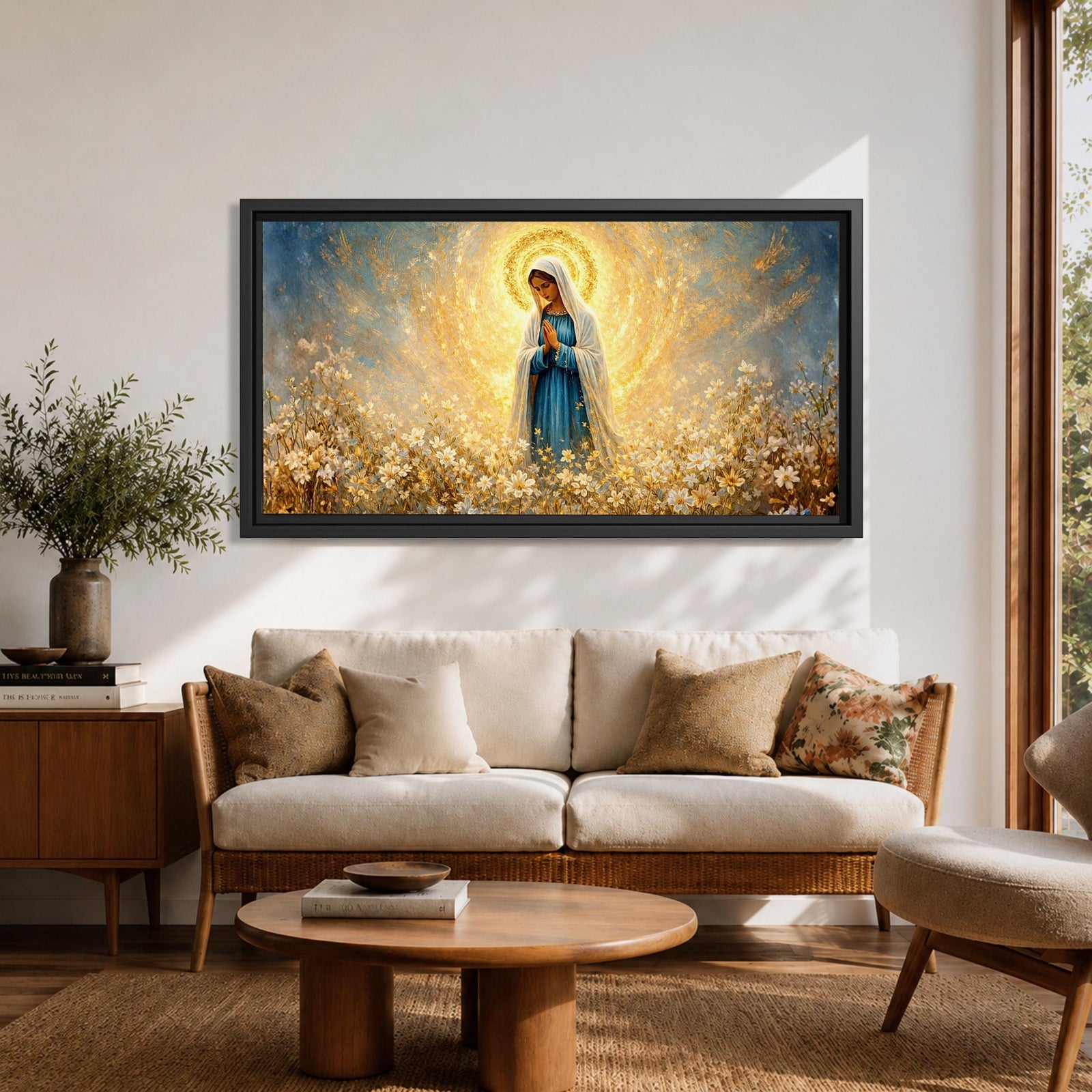 A glowing portrait of Virgin Mary stands in prayer within a wildflower meadow, surrounded by white blossoms and a radiant golden halo, painted in a textured style with luminous blue and gold tones, soft brushwork, and a serene devotional composition blending floral scenery with sacred light.
