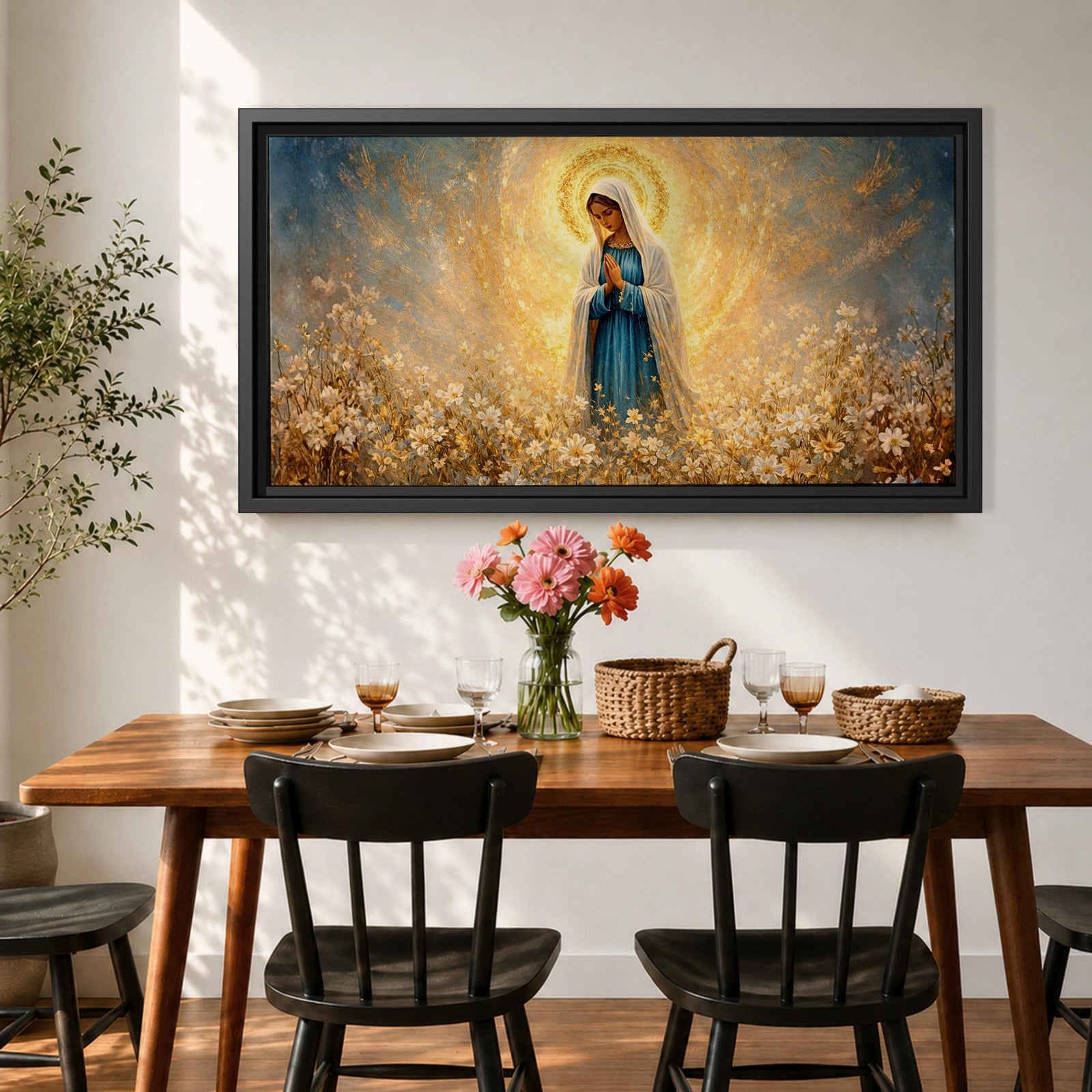 A glowing portrait of Virgin Mary stands in prayer within a wildflower meadow, surrounded by white blossoms and a radiant golden halo, painted in a textured style with luminous blue and gold tones, soft brushwork, and a serene devotional composition blending floral scenery with sacred light.