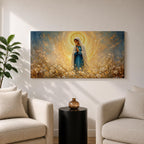 A glowing portrait of Virgin Mary stands in prayer within a wildflower meadow, surrounded by white blossoms and a radiant golden halo, painted in a textured style with luminous blue and gold tones, soft brushwork, and a serene devotional composition blending floral scenery with sacred light.