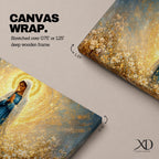A glowing portrait of Virgin Mary stands in prayer within a wildflower meadow, surrounded by white blossoms and a radiant golden halo, painted in a textured style with luminous blue and gold tones, soft brushwork, and a serene devotional composition blending floral scenery with sacred light.