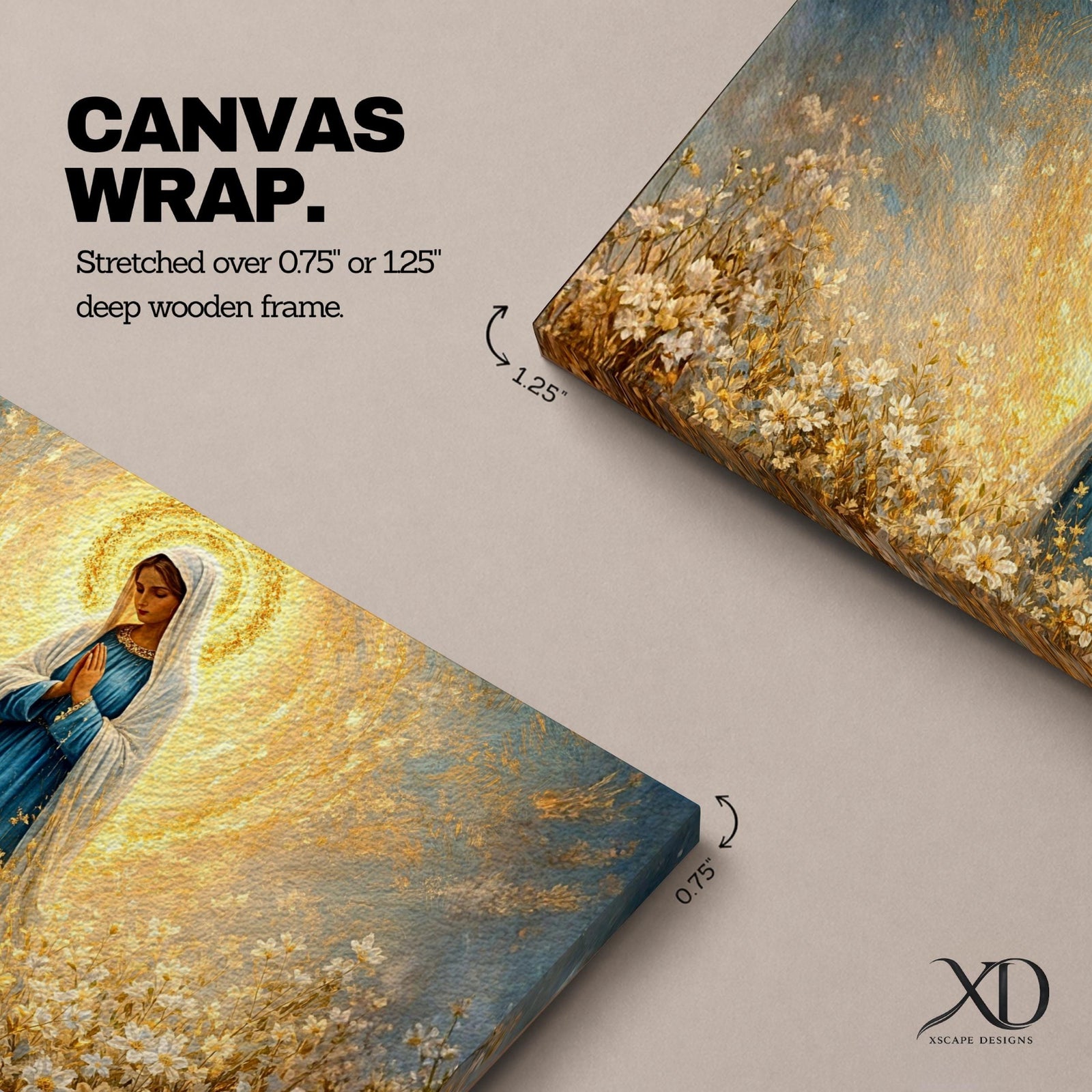 A glowing portrait of Virgin Mary stands in prayer within a wildflower meadow, surrounded by white blossoms and a radiant golden halo, painted in a textured style with luminous blue and gold tones, soft brushwork, and a serene devotional composition blending floral scenery with sacred light.