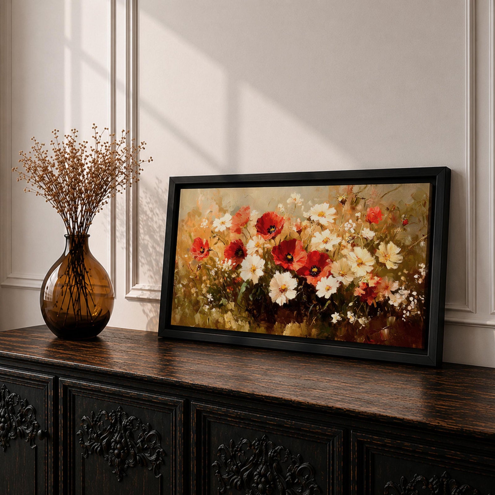 A panoramic painting of a wildflower meadow featuring red poppies and soft white blossoms clustered together, rendered in an impressionistic style with textured brushstrokes, warm earthy tones, and blended light that creates depth and movement across a wide floral landscape composition.