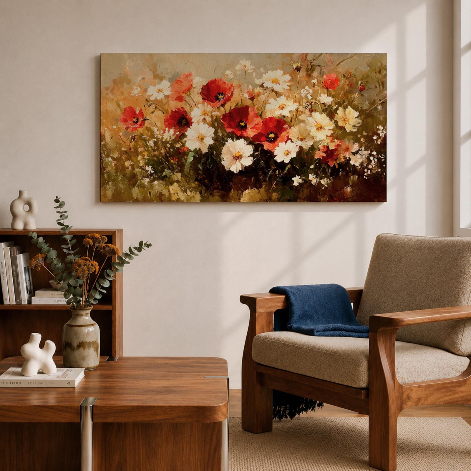 A panoramic painting of a wildflower meadow featuring red poppies and soft white blossoms clustered together, rendered in an impressionistic style with textured brushstrokes, warm earthy tones, and blended light that creates depth and movement across a wide floral landscape composition.