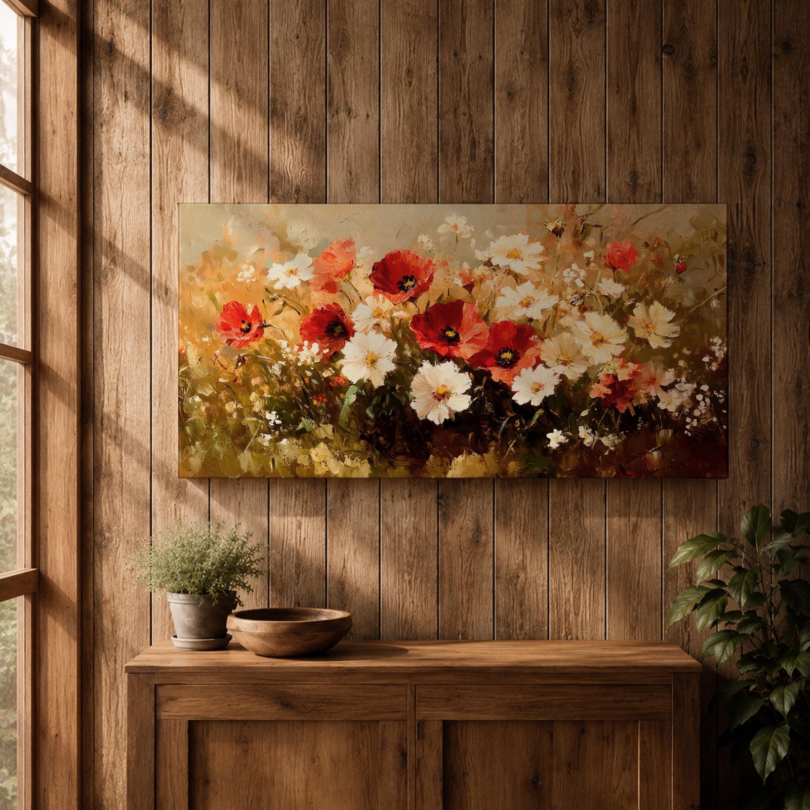 A panoramic painting of a wildflower meadow featuring red poppies and soft white blossoms clustered together, rendered in an impressionistic style with textured brushstrokes, warm earthy tones, and blended light that creates depth and movement across a wide floral landscape composition.