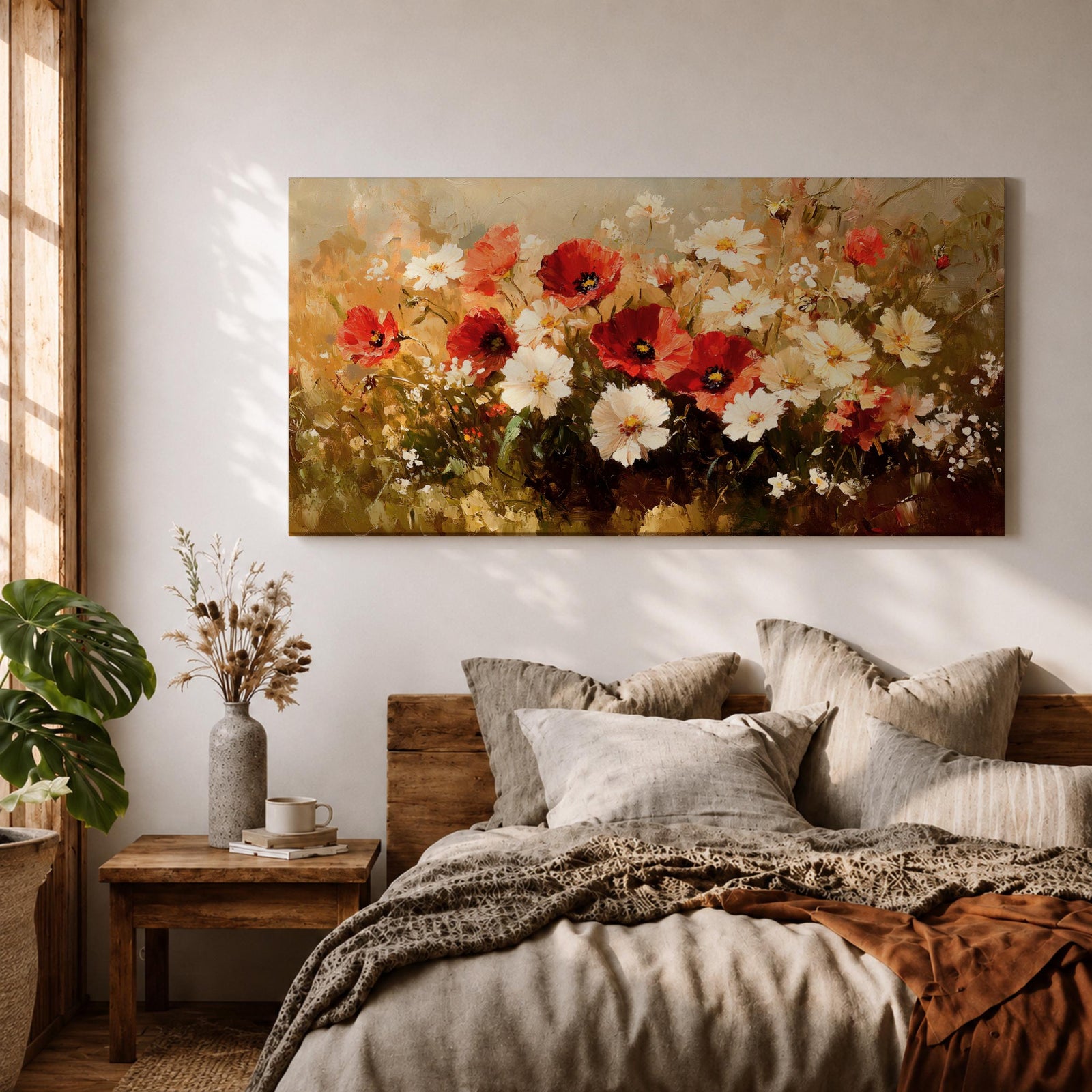 A panoramic painting of a wildflower meadow featuring red poppies and soft white blossoms clustered together, rendered in an impressionistic style with textured brushstrokes, warm earthy tones, and blended light that creates depth and movement across a wide floral landscape composition.
