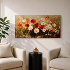 A panoramic painting of a wildflower meadow featuring red poppies and soft white blossoms clustered together, rendered in an impressionistic style with textured brushstrokes, warm earthy tones, and blended light that creates depth and movement across a wide floral landscape composition.