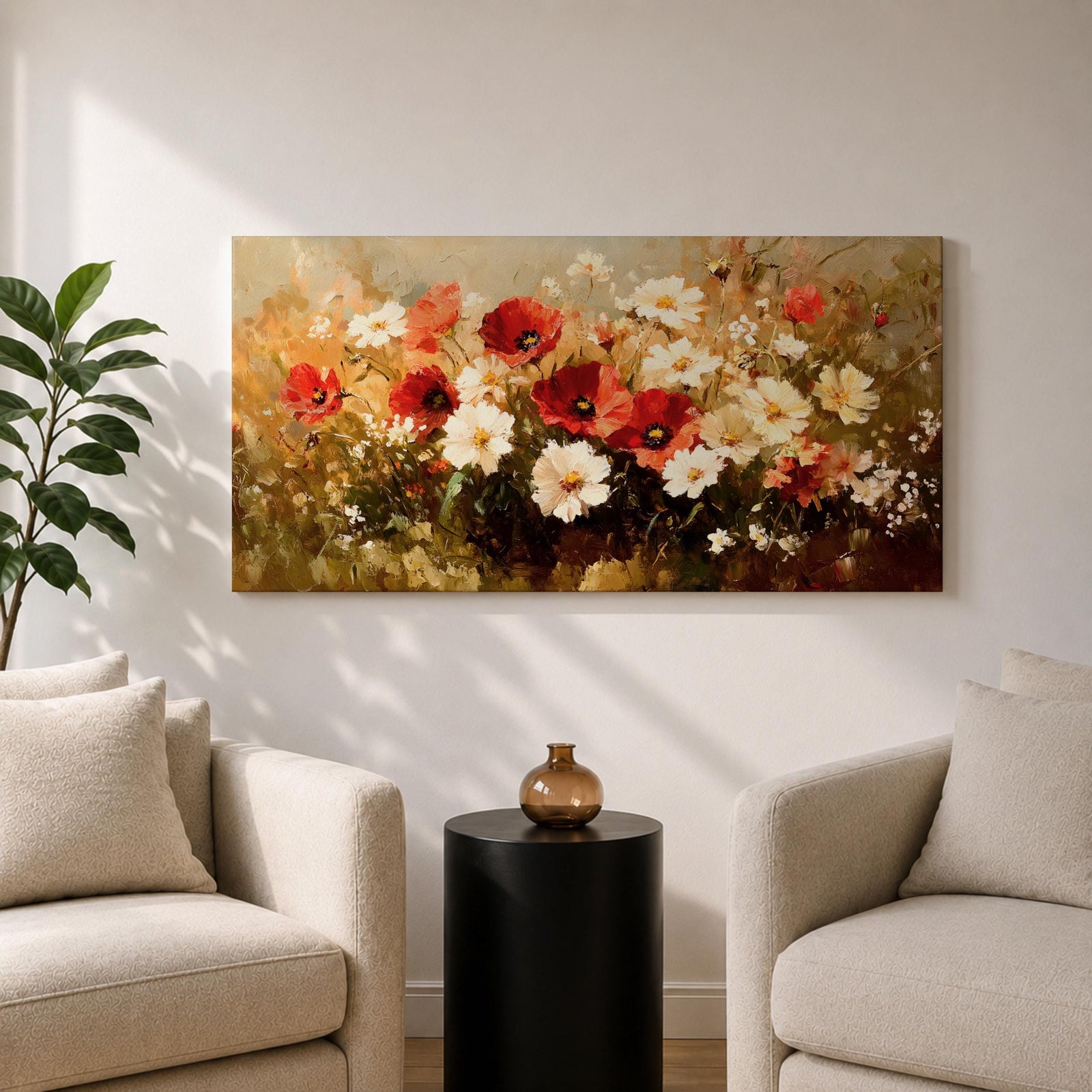A panoramic painting of a wildflower meadow featuring red poppies and soft white blossoms clustered together, rendered in an impressionistic style with textured brushstrokes, warm earthy tones, and blended light that creates depth and movement across a wide floral landscape composition.