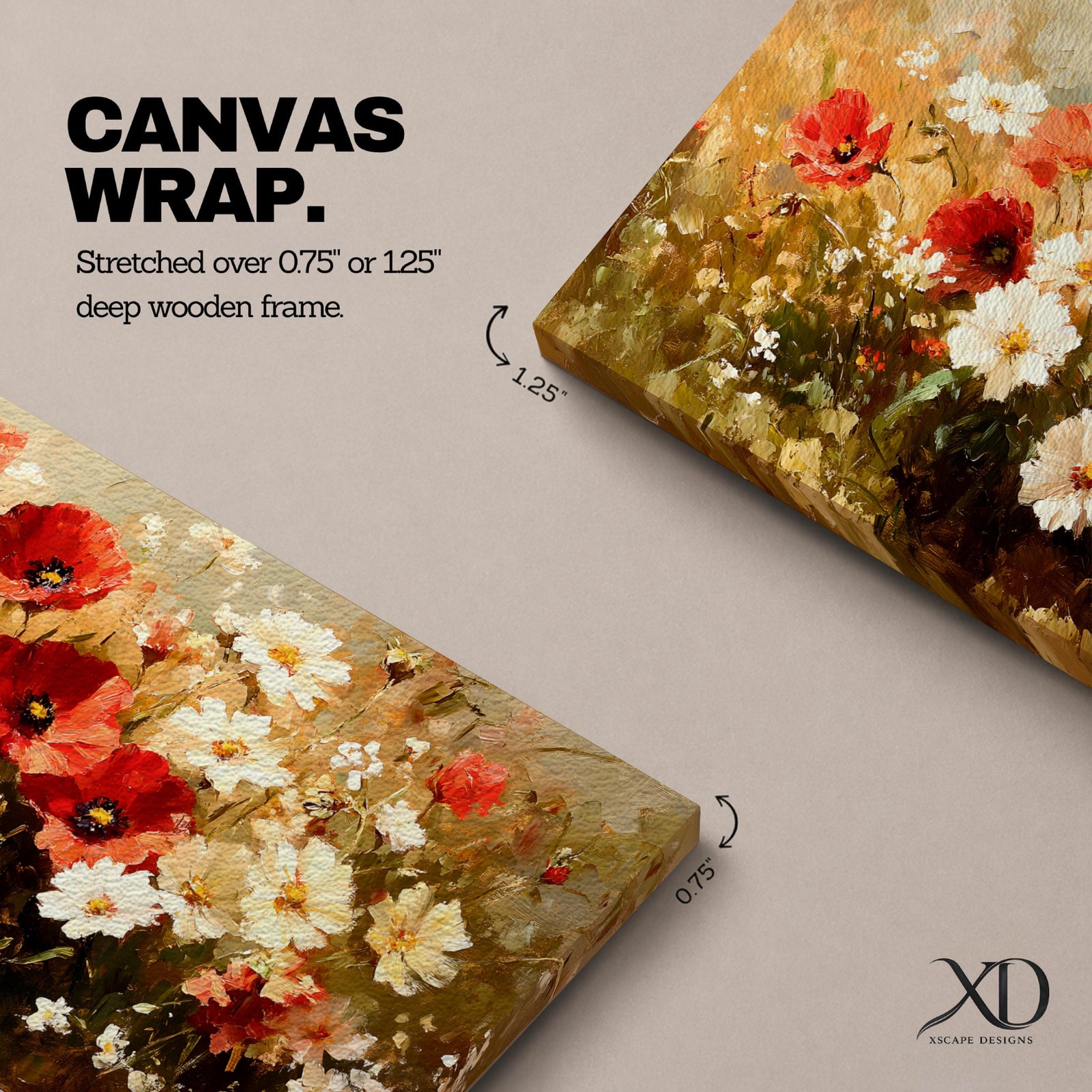 A panoramic painting of a wildflower meadow featuring red poppies and soft white blossoms clustered together, rendered in an impressionistic style with textured brushstrokes, warm earthy tones, and blended light that creates depth and movement across a wide floral landscape composition.