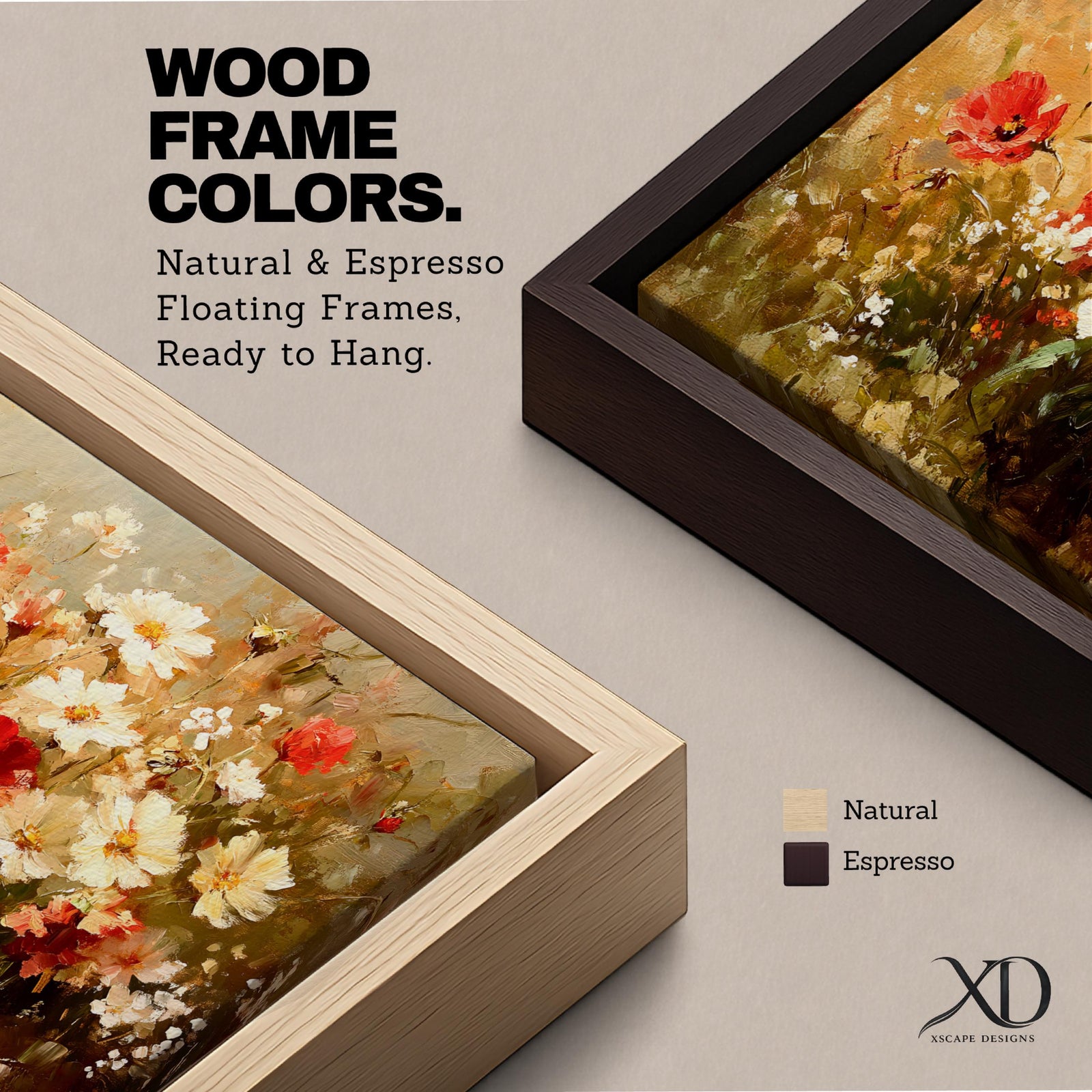 A panoramic painting of a wildflower meadow featuring red poppies and soft white blossoms clustered together, rendered in an impressionistic style with textured brushstrokes, warm earthy tones, and blended light that creates depth and movement across a wide floral landscape composition.