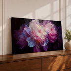 A panoramic painting of soft pink and white peony flowers in full bloom, rendered with layered petals and luminous highlights against a deep dark background, using a painterly style with smooth blending and subtle texture to create depth and contrast across an extra wide floral composition.