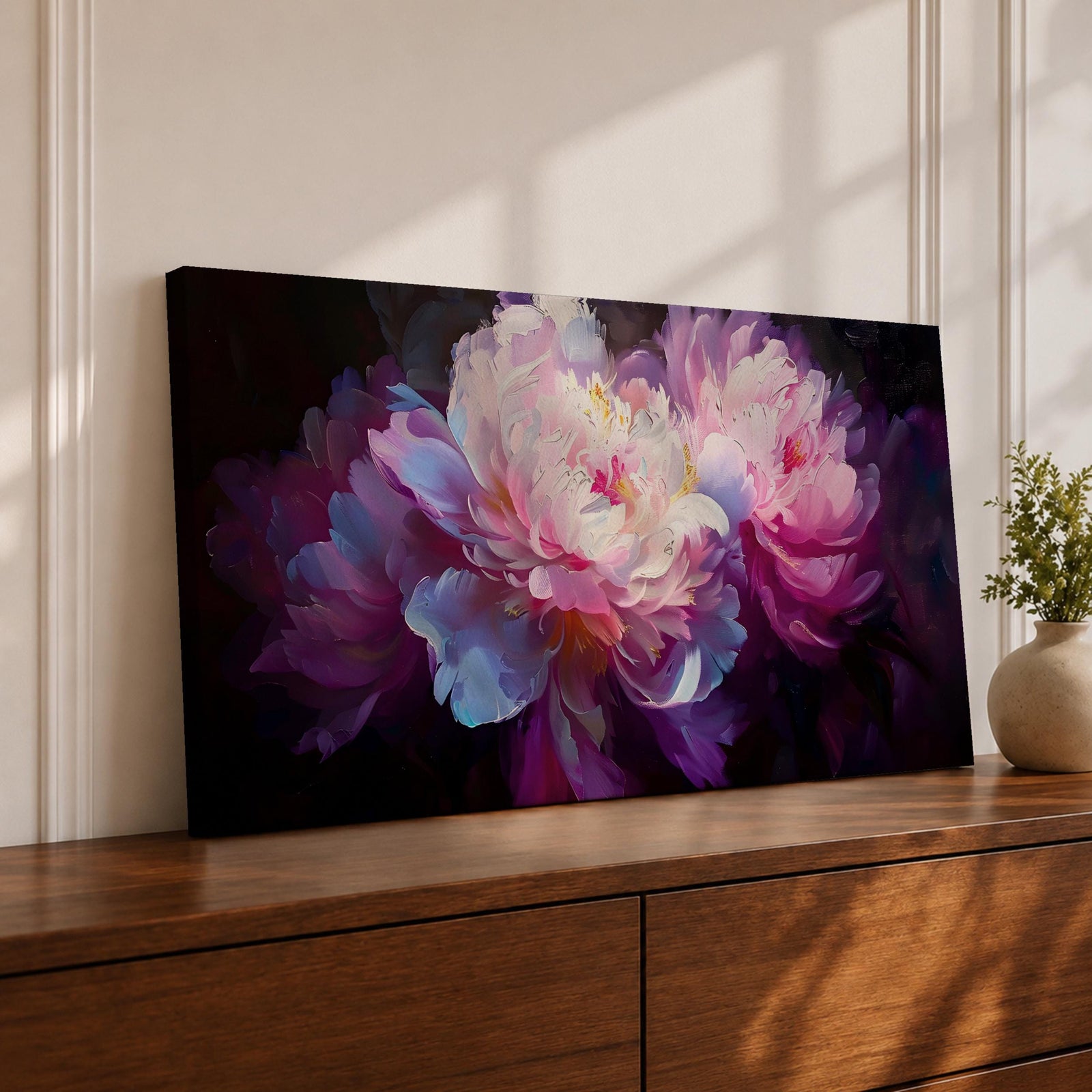 A panoramic painting of soft pink and white peony flowers in full bloom, rendered with layered petals and luminous highlights against a deep dark background, using a painterly style with smooth blending and subtle texture to create depth and contrast across an extra wide floral composition.