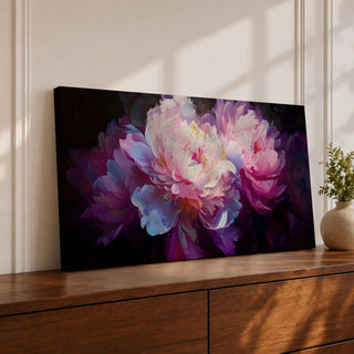 A panoramic painting of soft pink and white peony flowers in full bloom, rendered with layered petals and luminous highlights against a deep dark background, using a painterly style with smooth blending and subtle texture to create depth and contrast across an extra wide floral composition.