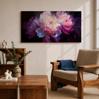 A panoramic painting of soft pink and white peony flowers in full bloom, rendered with layered petals and luminous highlights against a deep dark background, using a painterly style with smooth blending and subtle texture to create depth and contrast across an extra wide floral composition.