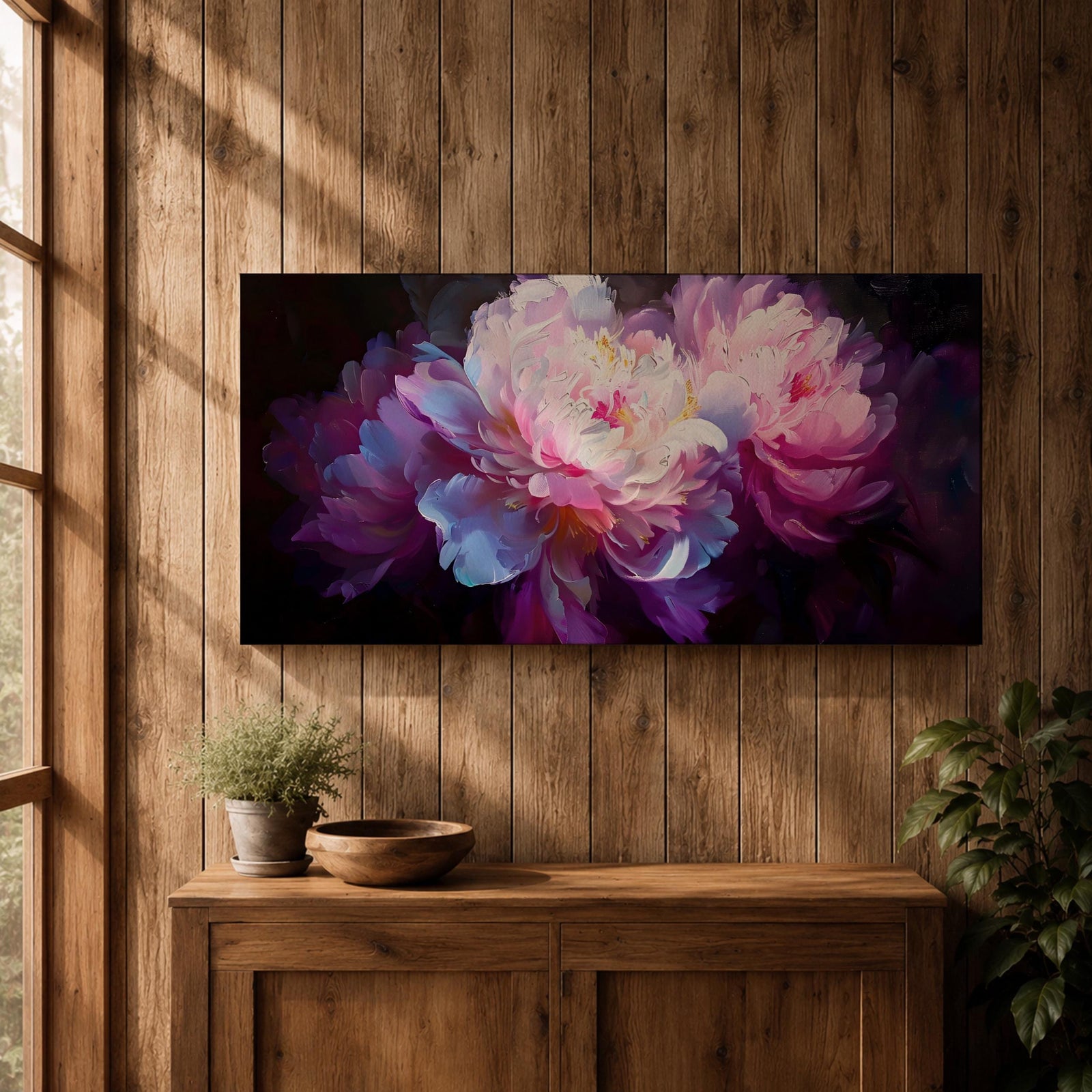 A panoramic painting of soft pink and white peony flowers in full bloom, rendered with layered petals and luminous highlights against a deep dark background, using a painterly style with smooth blending and subtle texture to create depth and contrast across an extra wide floral composition.