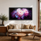 A panoramic painting of soft pink and white peony flowers in full bloom, rendered with layered petals and luminous highlights against a deep dark background, using a painterly style with smooth blending and subtle texture to create depth and contrast across an extra wide floral composition.