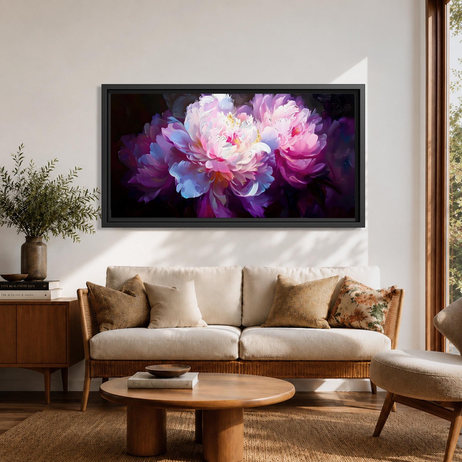 A panoramic painting of soft pink and white peony flowers in full bloom, rendered with layered petals and luminous highlights against a deep dark background, using a painterly style with smooth blending and subtle texture to create depth and contrast across an extra wide floral composition.