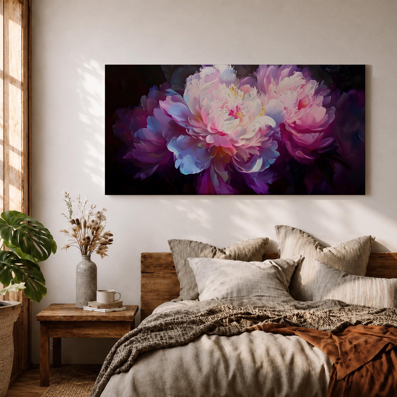 A panoramic painting of soft pink and white peony flowers in full bloom, rendered with layered petals and luminous highlights against a deep dark background, using a painterly style with smooth blending and subtle texture to create depth and contrast across an extra wide floral composition.