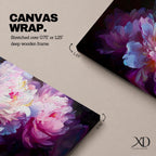 A panoramic painting of soft pink and white peony flowers in full bloom, rendered with layered petals and luminous highlights against a deep dark background, using a painterly style with smooth blending and subtle texture to create depth and contrast across an extra wide floral composition.
