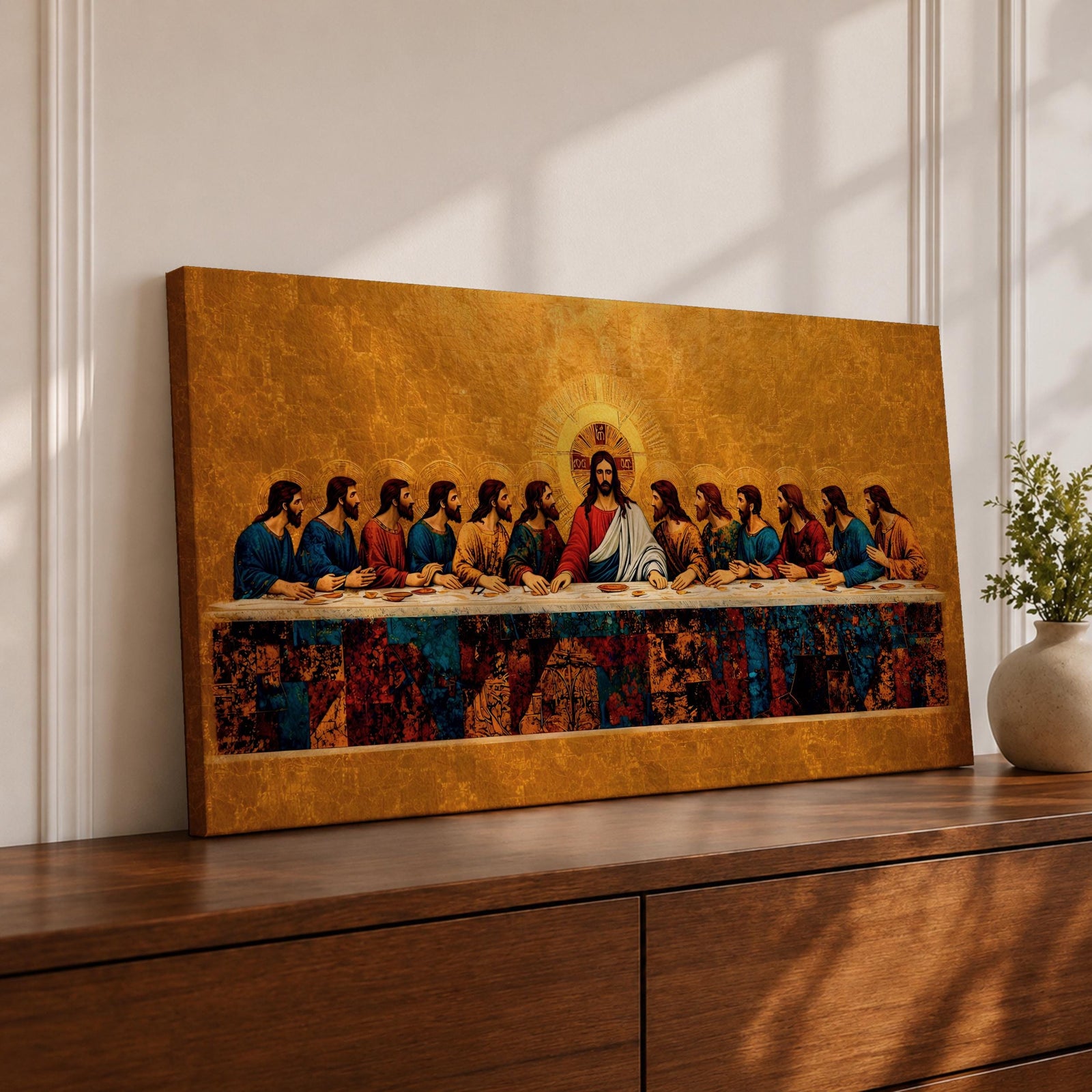 A panoramic painting of the Last Supper with Jesus seated at the center surrounded by his disciples, rendered in a gold mosaic inspired style with textured surfaces, rich warm tones, and detailed figures arranged along a long table, creating symmetry and depth across a wide composition.