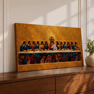 A panoramic painting of the Last Supper with Jesus seated at the center surrounded by his disciples, rendered in a gold mosaic inspired style with textured surfaces, rich warm tones, and detailed figures arranged along a long table, creating symmetry and depth across a wide composition.