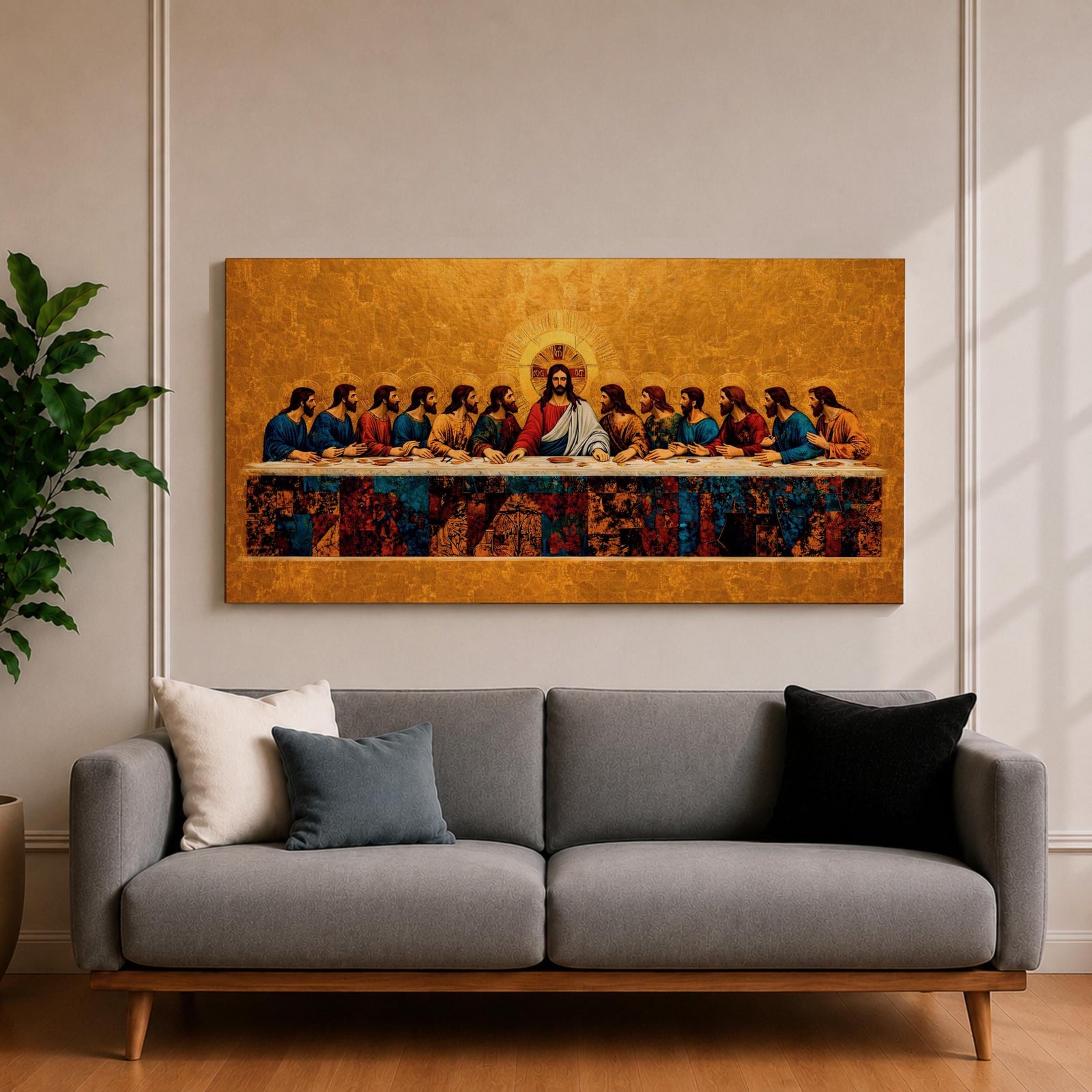 A panoramic painting of the Last Supper with Jesus seated at the center surrounded by his disciples, rendered in a gold mosaic inspired style with textured surfaces, rich warm tones, and detailed figures arranged along a long table, creating symmetry and depth across a wide composition.