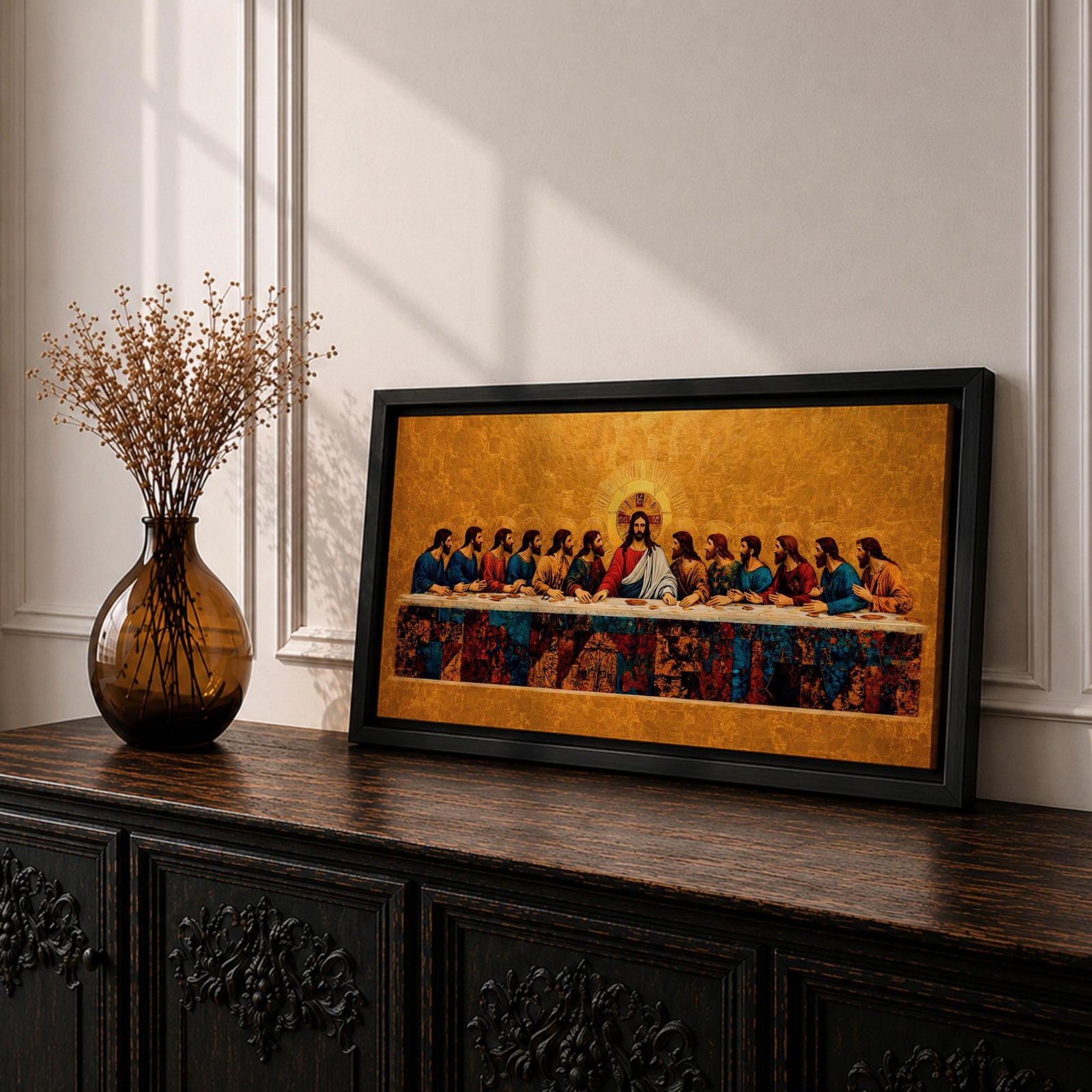 A panoramic painting of the Last Supper with Jesus seated at the center surrounded by his disciples, rendered in a gold mosaic inspired style with textured surfaces, rich warm tones, and detailed figures arranged along a long table, creating symmetry and depth across a wide composition.